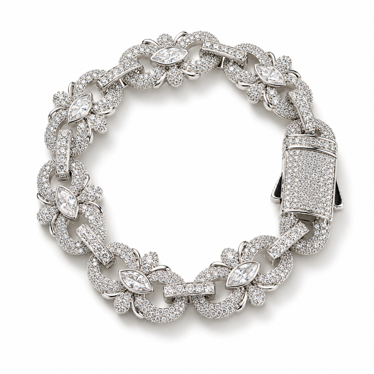Floral Bracelet – Iced-Out Flower Link Design with Marquise Stones