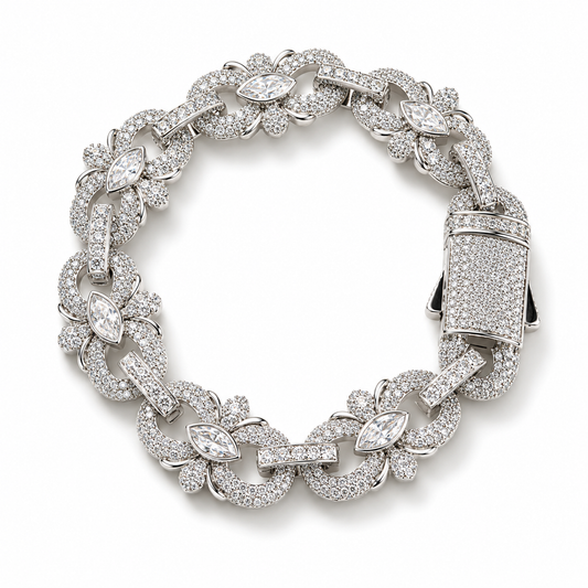 Floral Bracelet – Iced-Out Flower Link Design with Marquise Stones