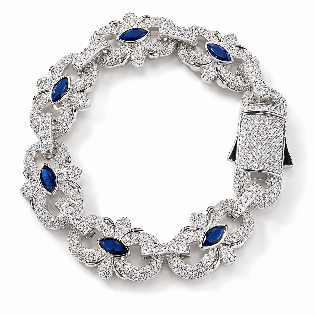 Floral Bracelet – Iced-Out Flower Link Design with Marquise Stones