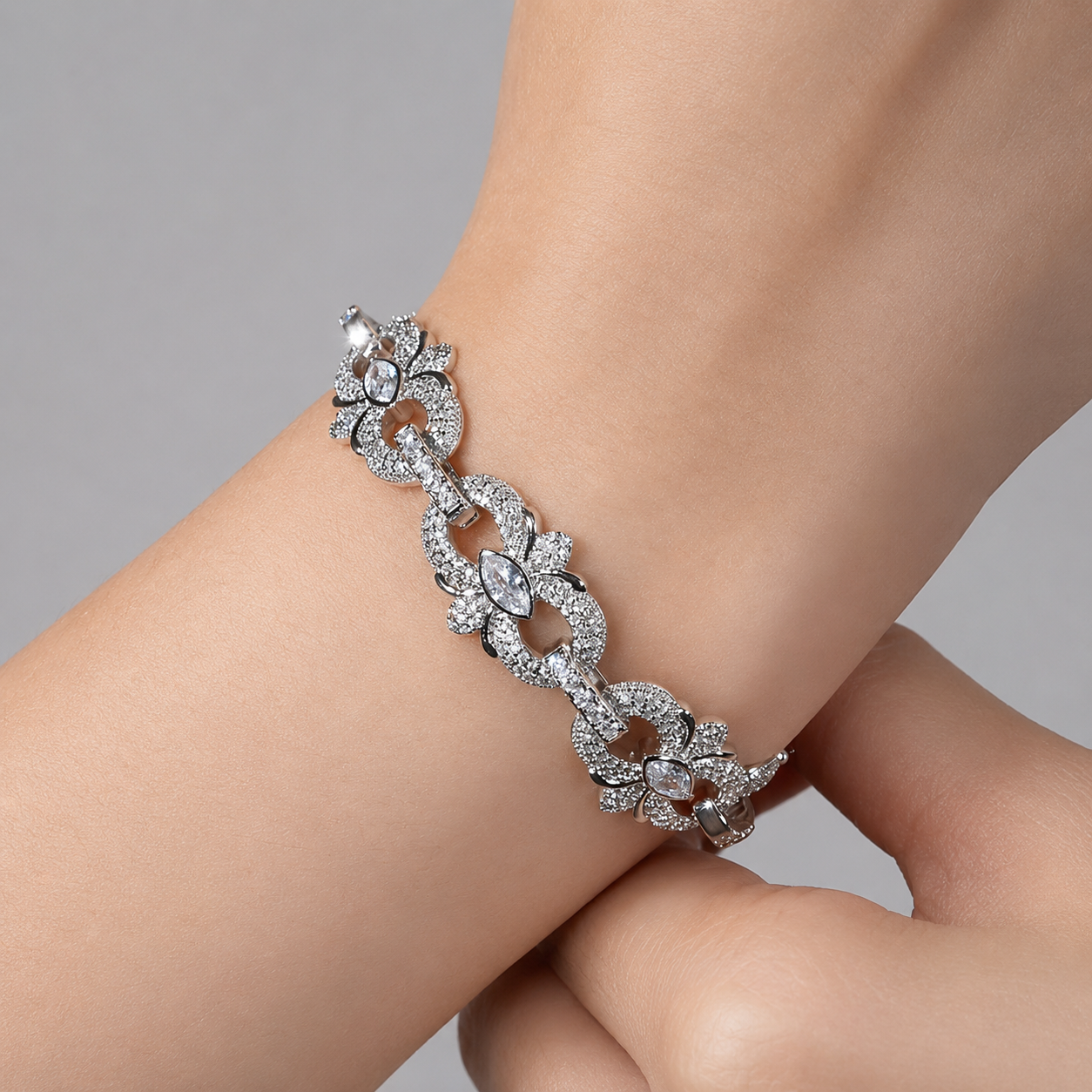 Floral Bracelet – Iced-Out Flower Link Design with Marquise Stones